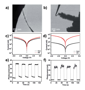 图4：（a）（b）分别对应CdS纳米带和CdS/ZnO异质结安置在原位光学-光纤样品杆中的TEM图像。（c）（d）分别对应CdS纳米带和CdS/ZnO异质结I-V曲线的开关特性。（e）（f）分别对应CdS纳米带和CdS/ZnO异质结对周期性光信号的响应特性。