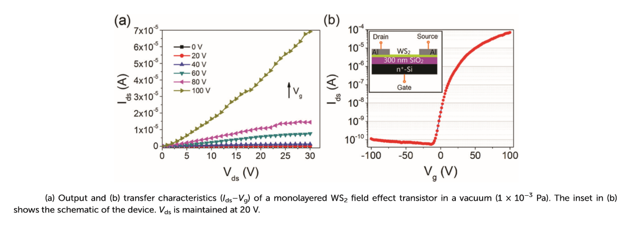 单层二硫化钨场效应晶体管的IV曲线和转移曲线