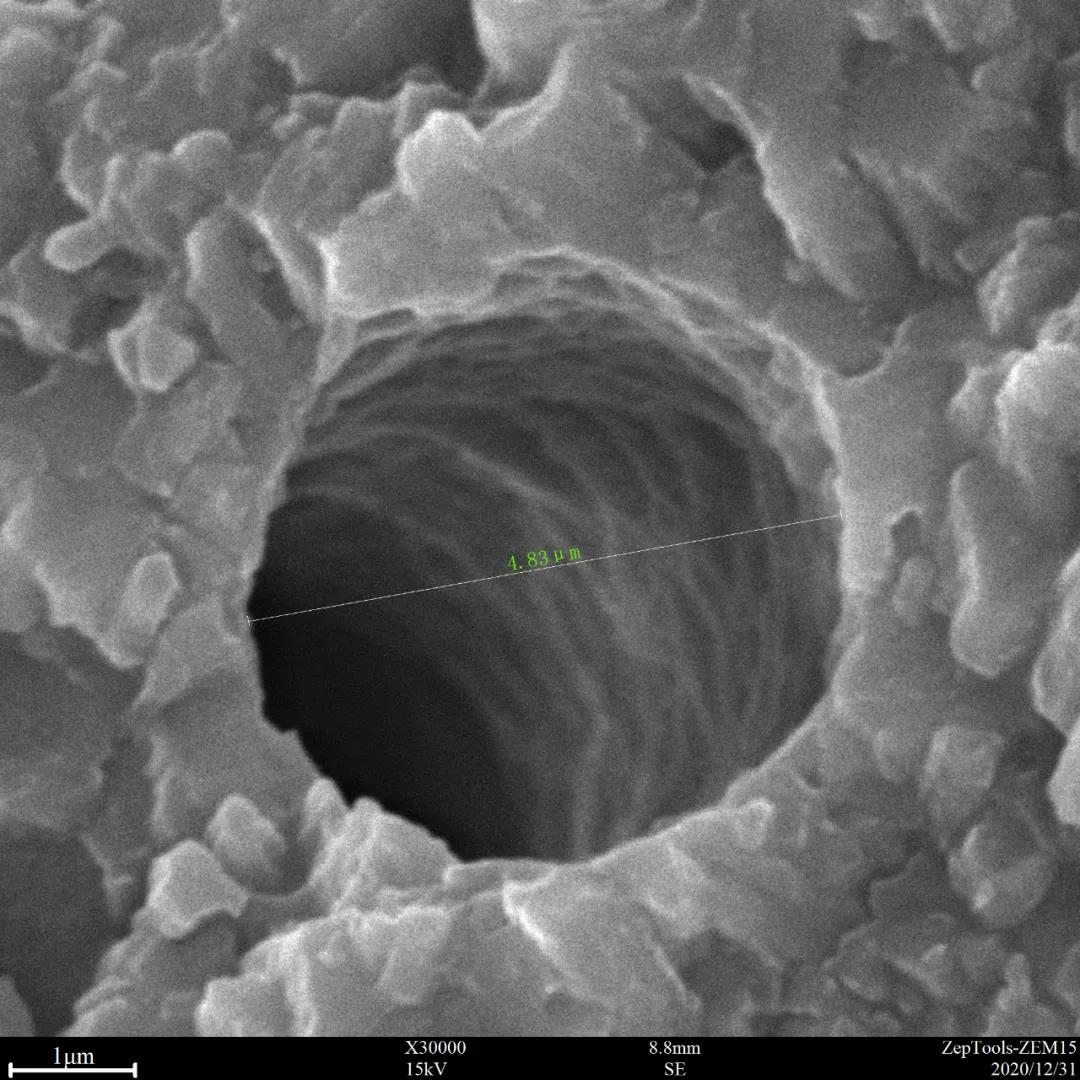 台式扫描电镜3万倍下的孔洞特写